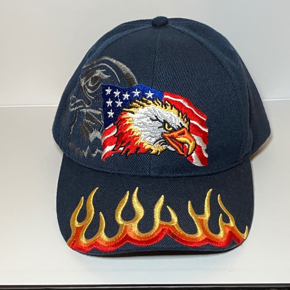 Eagle American Flag Flames Embroidered Hat Cap Patriotic Biker